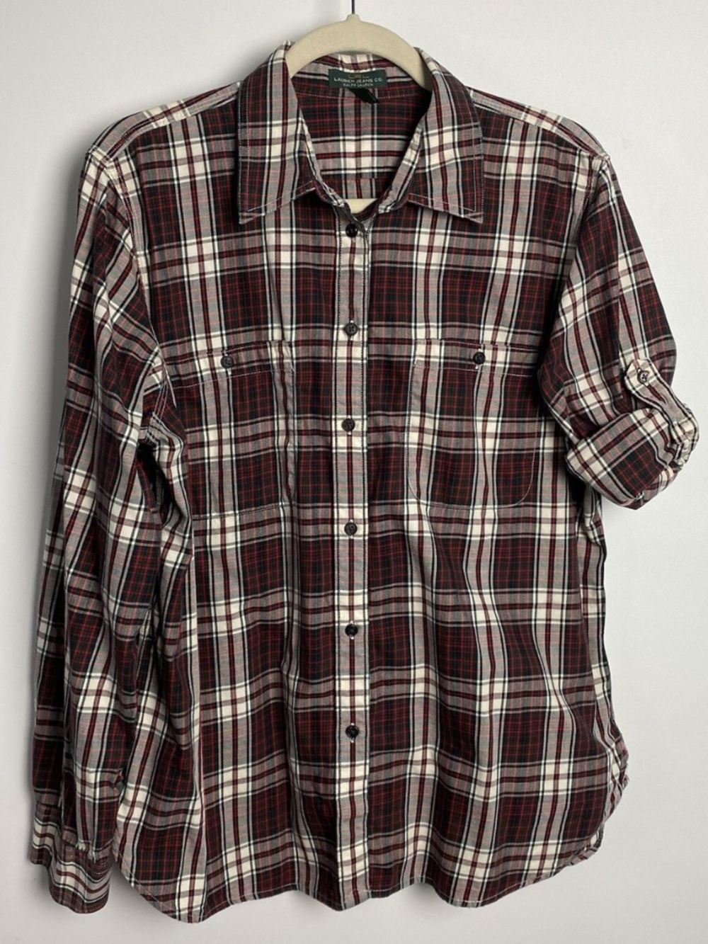 Women's black, red & white button front shirt by lauren